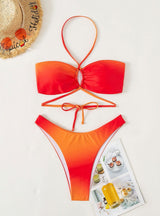 Orange Halter Mesh Three-piece Split Swimsuit
