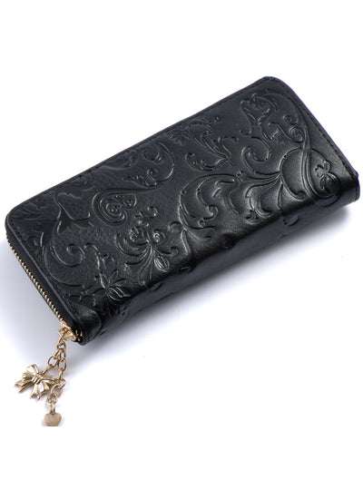Genuine Leather Women Long Purse Flower Embossing 