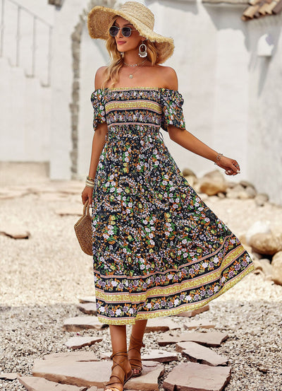 Beach Square Neck Bohemian Print Dress