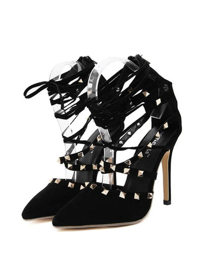 Hollow Cross Lace Up Rivets Stiletto High Heels 