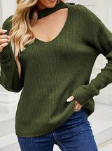 Zipper Sleeve Solid Color V-neck Sweater