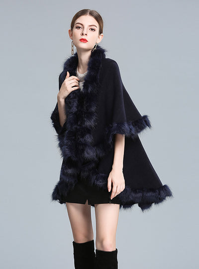 Fox-like Fur Collar Shawl Cape Knitted Cardigan