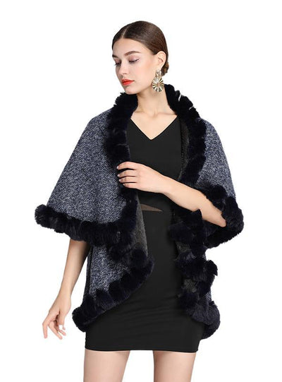 Wool-padded Faux Rex Rabbit Fur Collar Shawl Cape Loose
