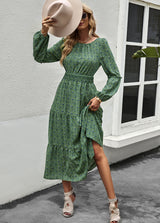 Printed Lantern Sleeve Round Neck Dress
