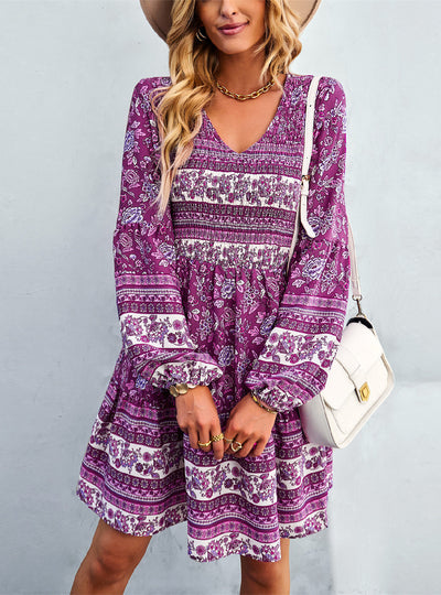 Bohemian Casual Long Sleeve Print Dress