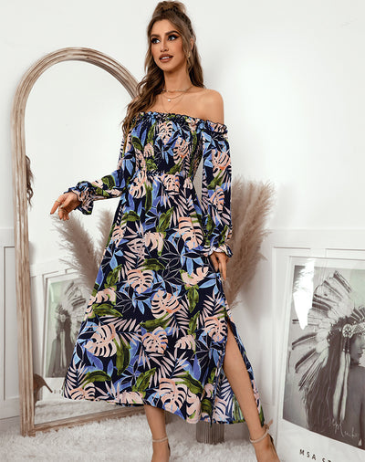 One-shoulder Long Sleeve Print Dress