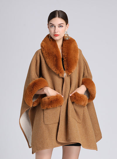 New Fur Collar Shawl Cloak Loose Woolen Coat Cardigan