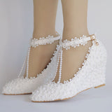 8 cm Pointed Wedge Lace Beaded Wedding Shoes