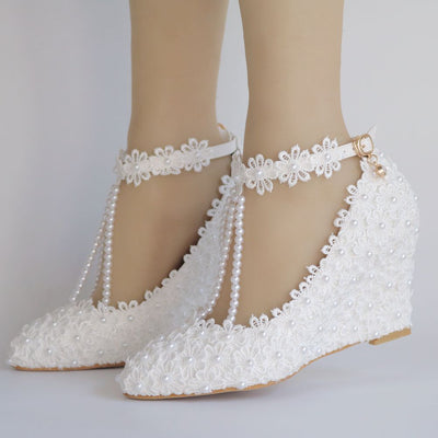 8 cm Pointed Wedge Lace Beaded Wedding Shoes