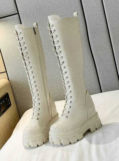 Women Cross Strap PU Leather Boots Knee High Boots