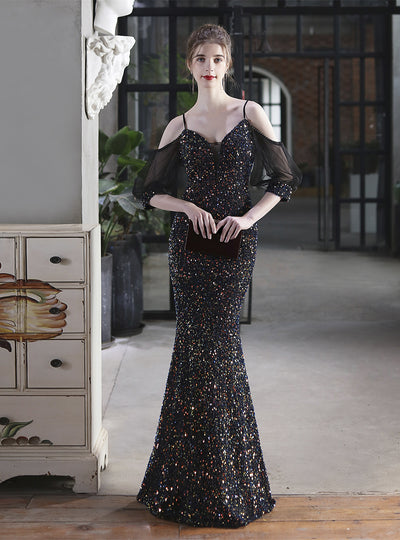 Mermaid Straps Sequins Short Sleeve Party Dress