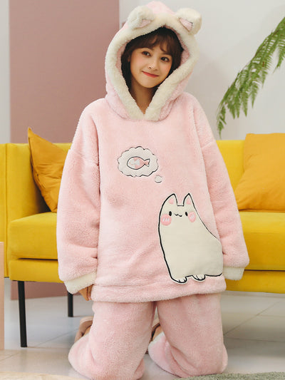 Pink Cat Cute Coral Fleece Thickened Hooded Cartoon Clothes