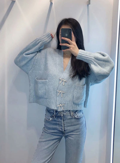 Women Fashion Rhinestone Buttons Loose Knitted Cardigan