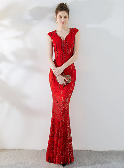 V-neck Fishtail Long Banquet Evening Dress