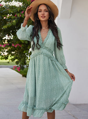 V-neck Simple Printed Chiffon Dress