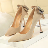 Rhinestone Bow Shallow Suede Pointed Back Shoes