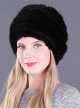 Ladies Mink Wool Knitted Hat Flower Decoration