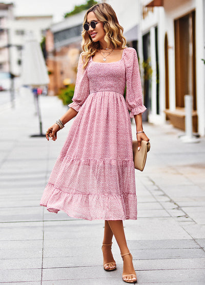 Bohemian Square Neck Long Sleeve Dress