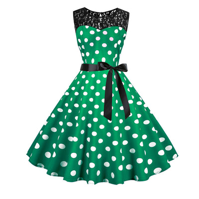 Dot Sleeveless Lace Stitching Print Dress