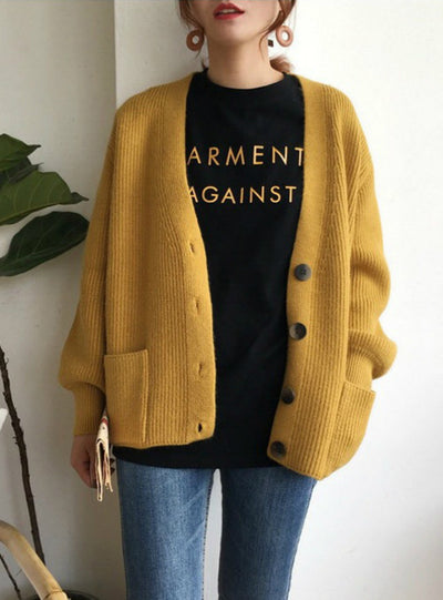 Women Cardigans Sweater V neck Solid Loose Knitwear