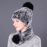 Rex Rabbit Fur Hat Scarf Winter Two-piece Set