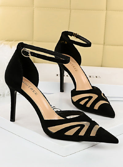 High Heel Shallow Mouth Pointed Mesh Hollow Sandals