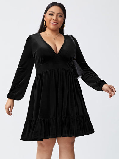 Plus Size V-neck Long-sleeved Velvet Dress