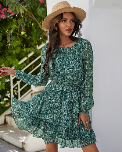 Round Neck Long Sleeve Printed Dress