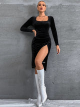 Sexy Slit Slim Square Neck Long Sleeve Velvet Dress