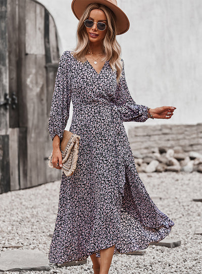 Long Sleeve Print V-neck Dress