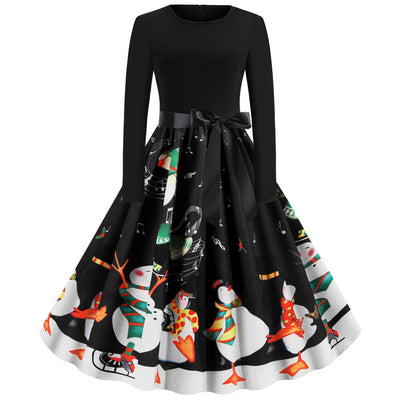 Christmas Penguin Print Long Sleeve Dress
