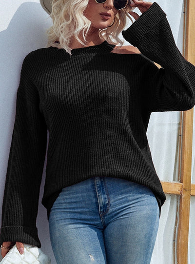 Sleeve Round Neck Shoulder-leaking Sweater