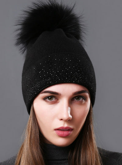 Raccoon Fur Beanie Female Warm Pompom Cap