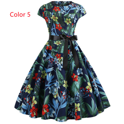 Retro Printed Short Sleeve Lace-up Dress