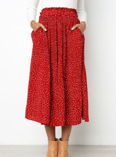 White Dots Floral Print Pleated Midi Skirt