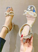 A Strap Silver Pearl Bow Thick Heel Sandals