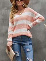 Loose Stitching V-neck Striped Sweater