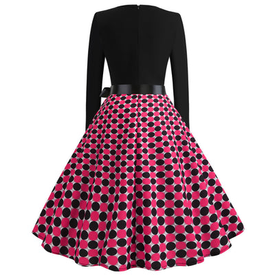 Retro Long Sleeve Round Neck Polka Dot Print Dress