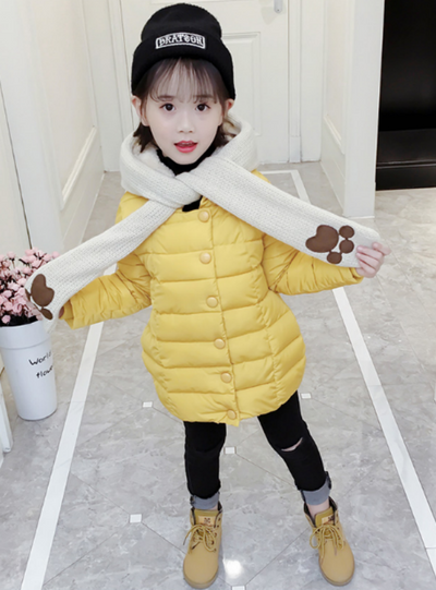 Thickened Girl's Cotton-Padded Jacket With Scarf