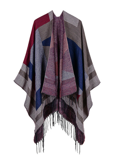 Jacquard Geometric Tassel Matching Contrast Split Cloak