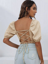 Square Neck Solid Color Backless T-shirt