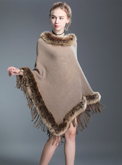 Wool Collar Shawl Cloak Knit Pullover Fur Cloak