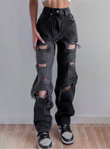 Straight Holes High Waist Jeans