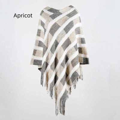 Women Fringe Sweater Cloak Plaid
