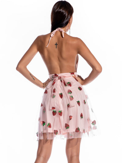 V-neck Suspender Strawberry Sequined Dress