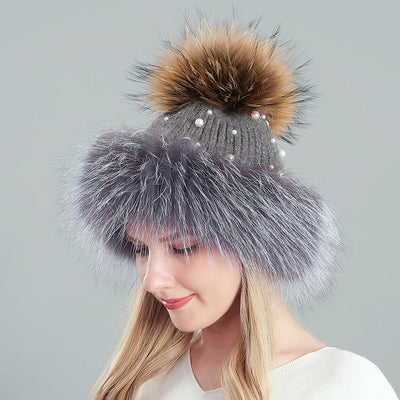 Thickened Rabbit Hair Blended Pearl Knitted Hat