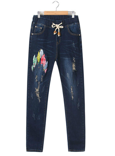 Jeans Floral Print Women Boyfriend Pencil Pants