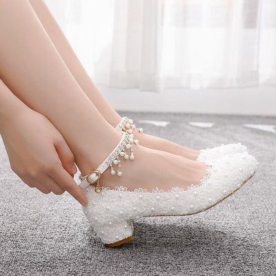 White Lace Square Round Head Wedding Shoes