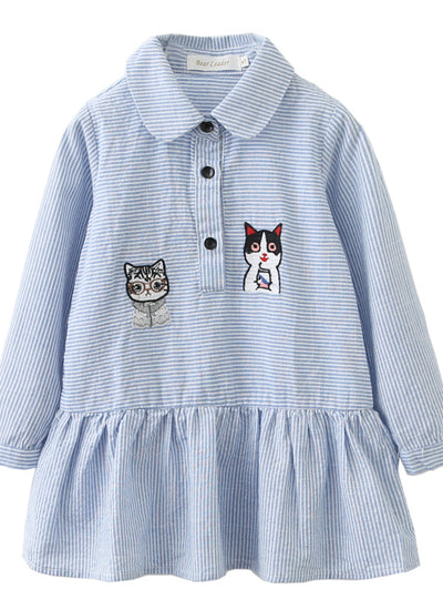 Shirts Kids Dresses Long Sleeve Blue Striped Embroidery
