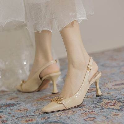 Women Metal Chain Square Toe Stiletto Shoes